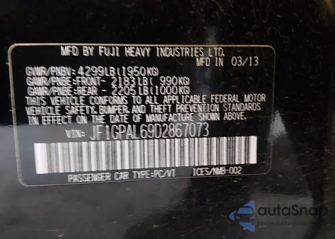 2013 Subaru Impreza 2.0I Sport Premium from USA, damaged, VIN JF1GPAL69D2867073